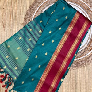 Teal Green Cotton Silk Kanchipuram Saree | Gold Zari Buttas, Magenta Border
