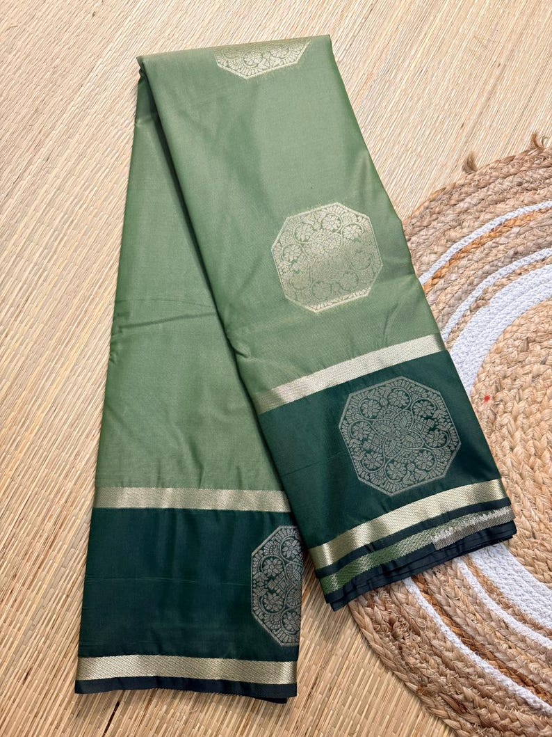 Buy Olive Green Semi Kanchipuram Silk Saree Silver Zari Border — free download