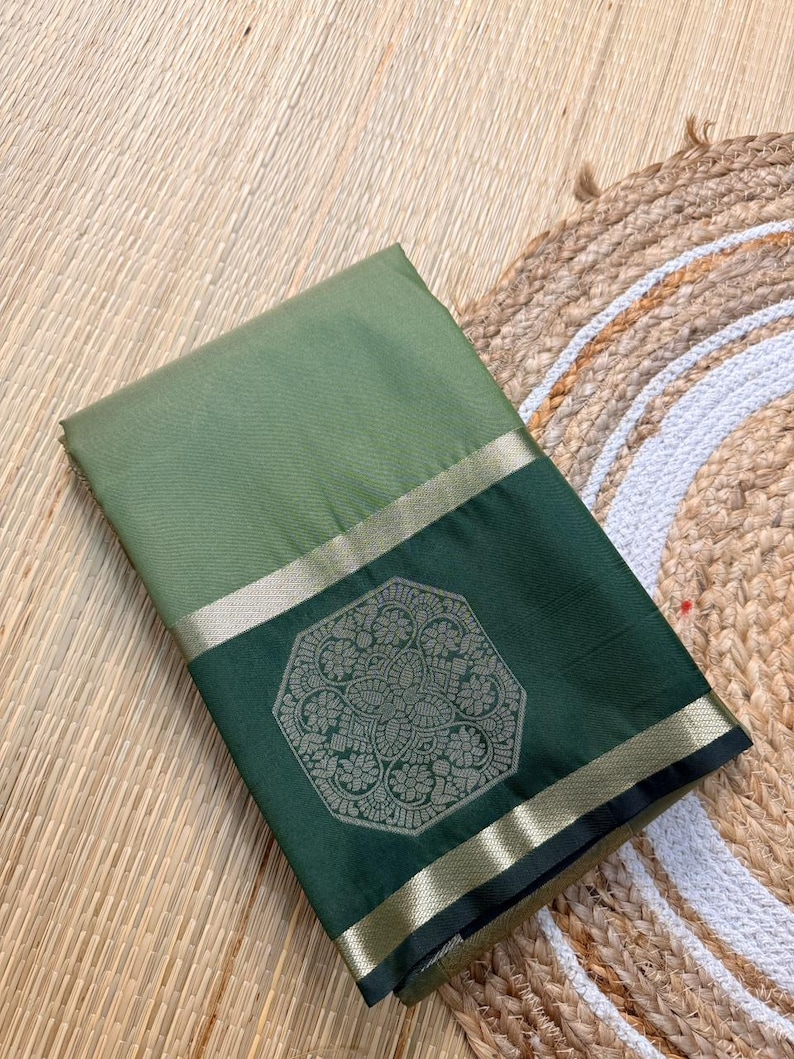Buy Olive Green Semi Kanchipuram Silk Saree Silver Zari Border — free download