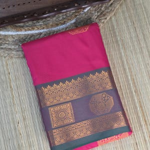 Semi Kanchipuram Silk Saree, Hot Pink Olive Green, Zari Woven South Indian Saree