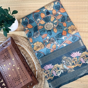 Semi Tussar Kalamkari Floral Print Saree | Blue Teal Zari Border Ethnic Wear