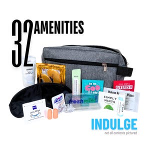 Kit de artículos de tocador Indulge, 32 artículos de tocador en tamaño de viaje, kit de vacaciones, kit de supervivencia en el avión, artículos esenciales para el bolso