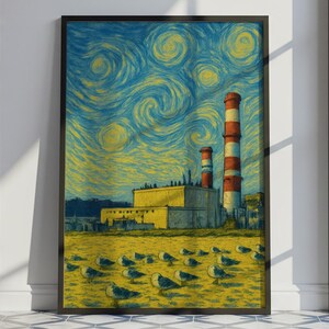 May include: Framed art print depicting a stylized industrial scene under a swirling, starry sky. The artwork features a yellow building, red and white smokestacks, and seagulls on a yellow ground, reminiscent of Van Gogh's style.