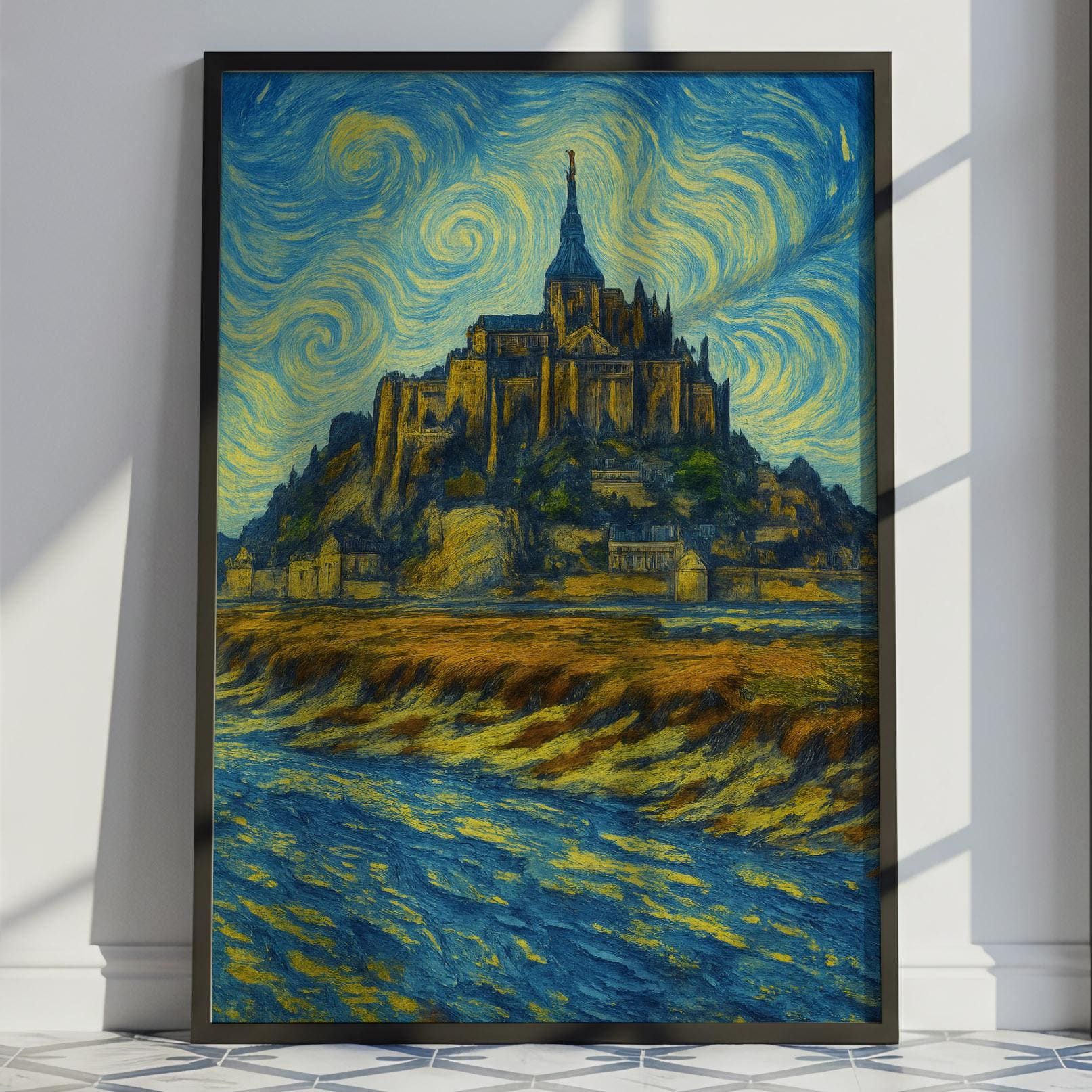 ル モン サン ミシェル トラベル ポスター ゴッホ スタイル、ル モン