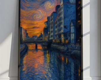 Fukuoka Travel Poster Van Gogh Style, Fukuoka Japan Travel Print, Colorful Travel Wall Art Print