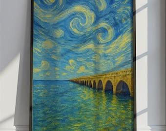 Florida Keys Travel Poster Van Gogh Style, Florida Keys United States Travel Print, Colorful Travel Wall Art Print