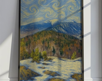 Franconia Notch Travel Poster Van Gogh Style, Franconia Notch United States Travel Print, Colorful Travel Wall Art Print