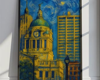 Fort Wayne Travel Poster Van Gogh Style, Fort Wayne United States Travel Print, Colorful Travel Wall Art Print