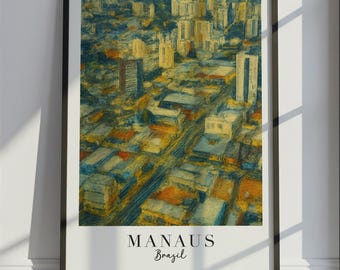 Póster de viaje de Manaos estilo Van Gogh, impresión de viaje de Manaos, Brasil, impresión de arte mural de viaje colorido