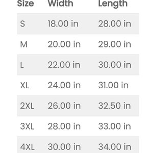 May include: Size chart showing width and length measurements in inches for sizes S through 4XL.