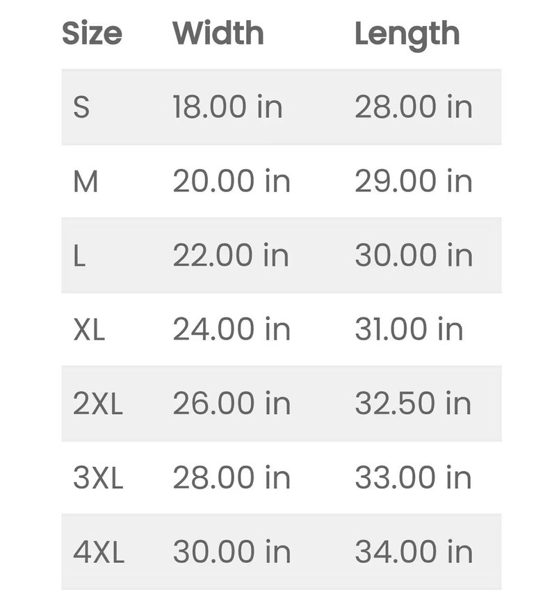May include: Size chart showing width and length measurements in inches for sizes S through 4XL.