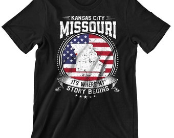 Kansas City Missouri Es donde comienza mi historia, camisa con bandera de Kansas City MO