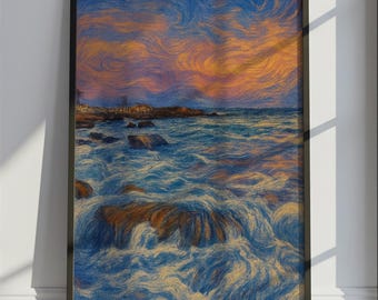Freshwater Beach Travel Poster Van Gogh Style, Freshwater Beach Australia Travel Print, Colorful Travel Wall Art Print