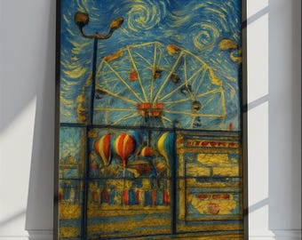 May include: A framed art print depicting a carnival scene with a Ferris wheel, hot air balloons, and a stylized night sky. The artwork uses a palette of blues, yellows, and reds, with a textured, painterly effect. The print is displayed in a black frame.