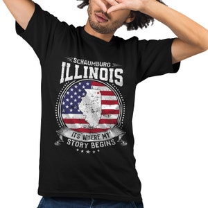 Schaumburg Illinois Es donde comienza mi historia, camisa con bandera de Schaumburg IL