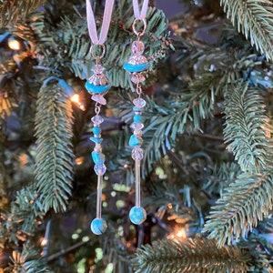 Pair of Turquoise Icicles; unique drop ornaments; dainty, beaded ornaments