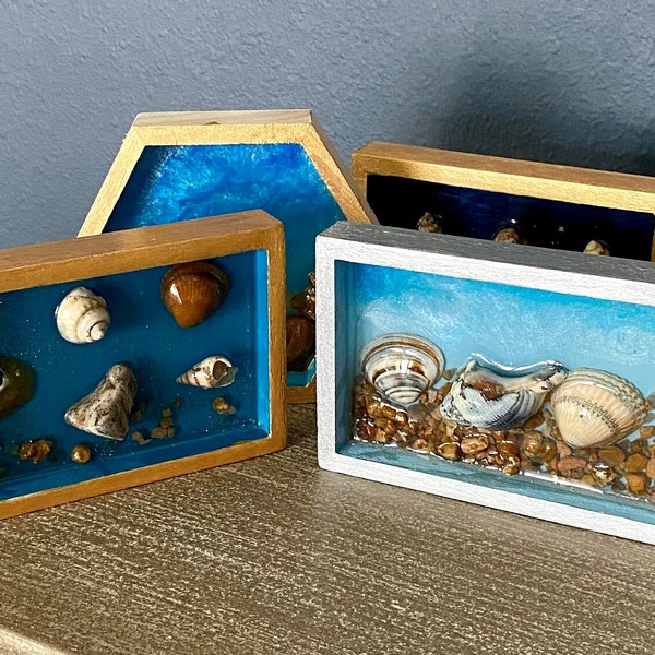 Beach scene seashell shadow box; shells from Dingle Peninsula, Ireland; hand painted wooden box, finished with resin