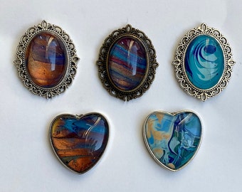 Unique art brooches; acrylic painting under glass cabochon; one of a kind jewelry