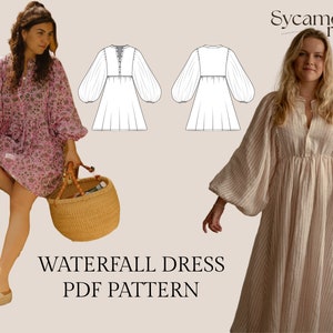 Waterfall Bohemian Dress Sewing Pattern Puff Sleeve Pattern Mini Dress Pattern image 1