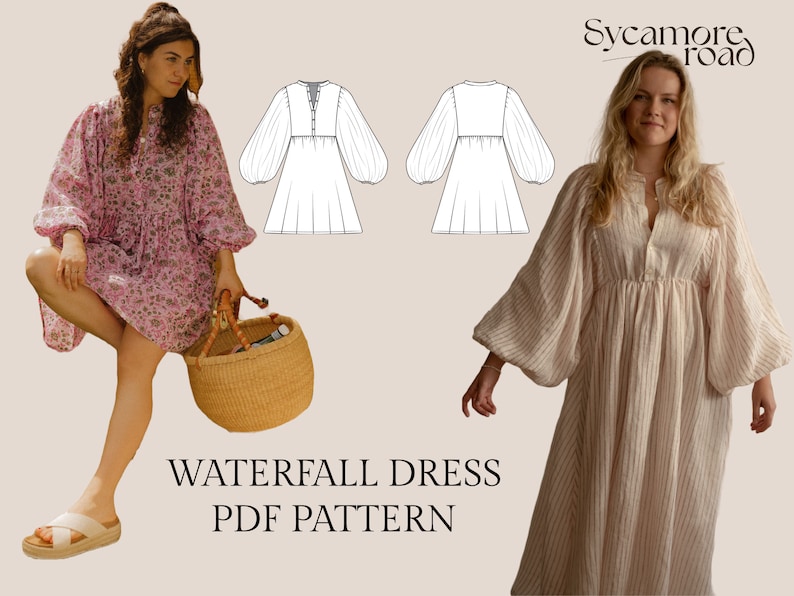 Waterfall Bohemian Dress Sewing Pattern Puff Sleeve Pattern Mini Dress Pattern image 1