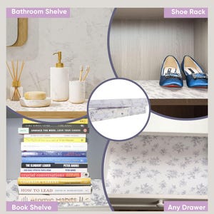 May include: A close-up of a white marble bathroom shelf with a gold soap dispenser, a white marble jar, and a book shelf with a stack of books. The text "Bathroom Shelve" is at the top of the image. The image also shows a shoe rack with a pair of blue shoes, a drawer with a floral pattern, and the text "Shoe Rack" and "Any Drawer".