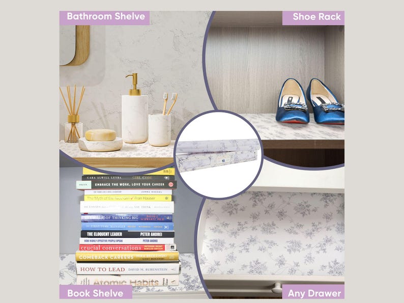 May include: A close-up of a white marble bathroom shelf with a gold soap dispenser, a white marble jar, and a book shelf with a stack of books. The text "Bathroom Shelve" is at the top of the image. The image also shows a shoe rack with a pair of blue shoes, a drawer with a floral pattern, and the text "Shoe Rack" and "Any Drawer".