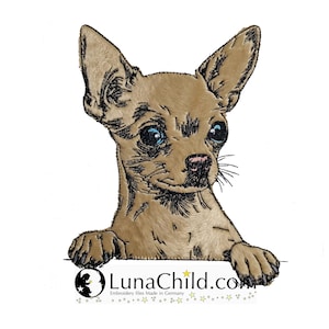 May include: An embroidery design of a tan Chihuahua with large dark eyes and pointed ears, resting its front paws on a horizontal line. Below the dog is the text LunaChild.com with a small star icon and the phrase Embroidery files Made in Germany.