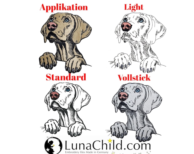 Stickdatei Set Applikation - Vollstick - Light - Standart  - Weimaraner "Emma" - für helle & dunkle Stoffe - in 10 Größen  LunaChild - Hund