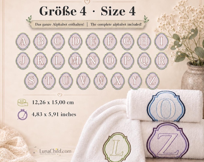 Embossed Monogram Alphabet A–Z • Raised Initial Letters • Embroidery Pattern Size No. 4 • 12.26 x 15.00 cm • LunaChild