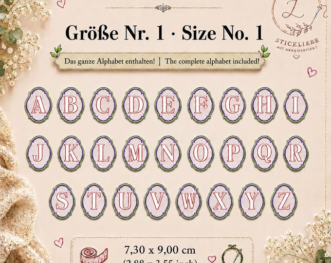 Alphabet A–Z Embroidery Embossed Design • Raised Letters • Monogram Embroidery Pattern • Size Set No. 1 • 7.30 x 9.00 cm • LunaChild