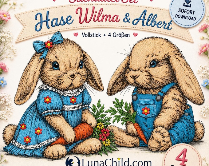 Embroidery file full embroidery bunny set “Wilma & Albert” – Bunny Embroidery Design – 4 sizes – LunaChild