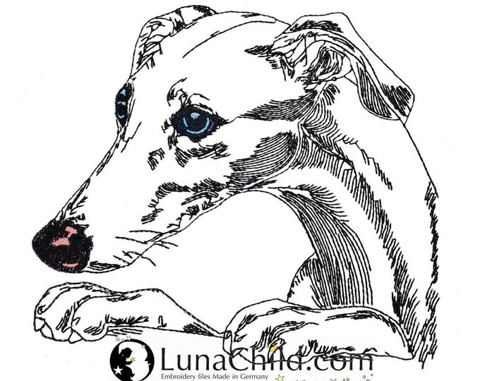 WENIGER STICHE - Stickdatei Windhund "Hank" LIGHT - für Helle Stoffe -  Hund LunaChild - 10 Größen -