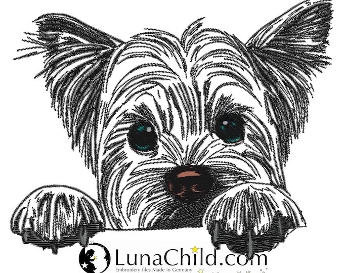 NEU Stickdatei Yorkshire Terrier  "Cindy" Yorki Welpe Hund spähend realistisch kommerzielle Nutzung LunaChild