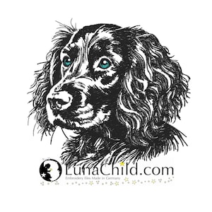 May include: A black and white embroidered portrait of a spaniel dog with bright teal eyes. Below the dog is the text LunaChild.com, the phrase Embroidery files Made in Germany, and a decorative line of small yellow stars on a white background.