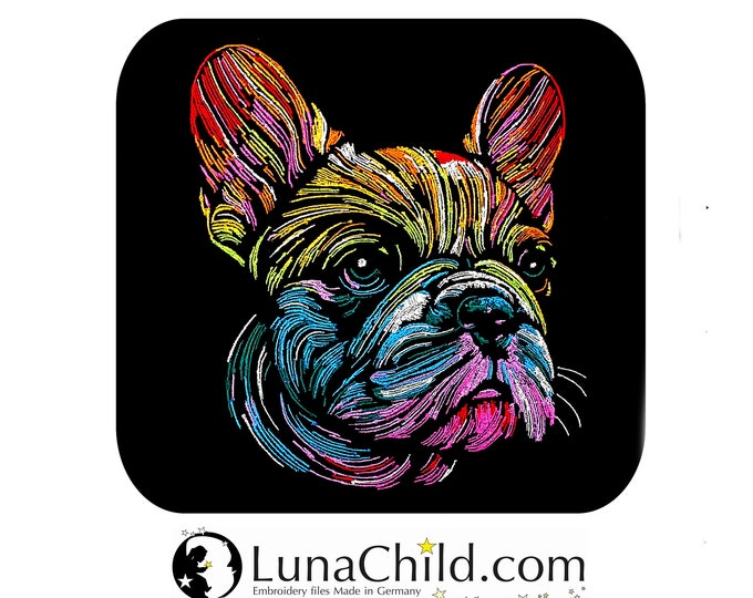 Stickdatei Französische Bulldogge "Nico" Hund realistisch bunt kommerzielle Nutzung LunaChild für dunkle Stoffe