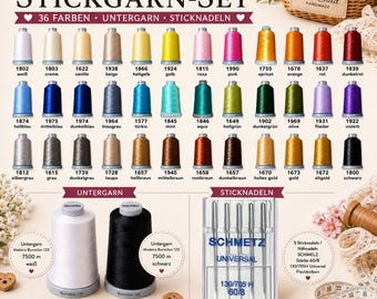 Könnte beinhalten: Ein Stickgarn-Set mit 36 verschiedenen Farben, zwei Unterfäden und einer Packung Universalnadeln. Das Set bietet eine Vielzahl lebendiger Farben für verschiedene Stickprojekte.