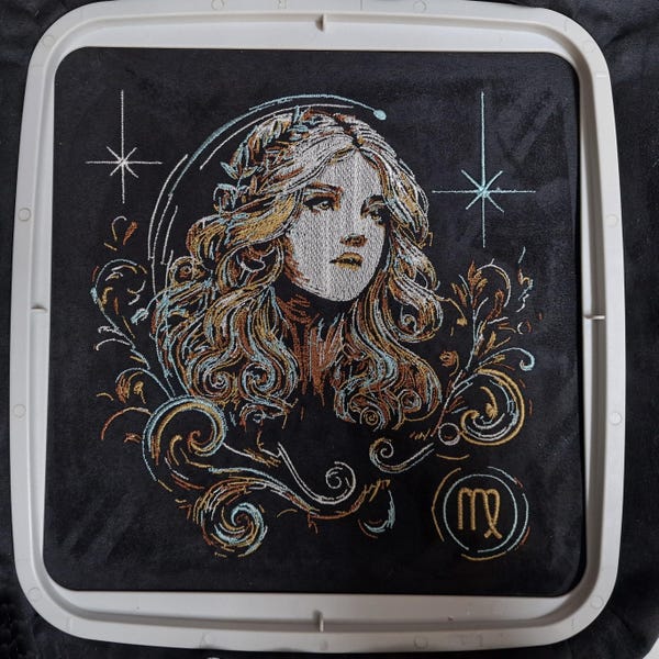 Elaborate embroidery design: Virgo zodiac sign, realistic, colorful, with light and shadow. Commercial use by LunaChild for dark fabrics.