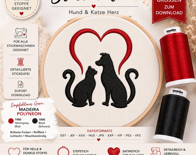Dog & Cat Heart Embroidery Design • Dog Cat Silhouette Embroidery Pattern • Pet Lover Machine Embroidery File • 6 Sizes • LunaChild
