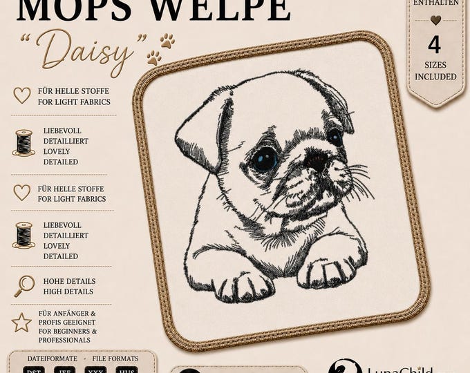 Pug Puppy Embroidery Design – 4 Sizes – LunaChild