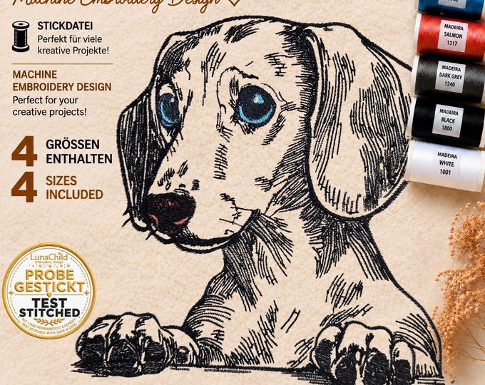 Embroidery File Dachshund “Izzy” – Realistic Dachshund Puppy for Light Fabric – 4 Sizes – LunaChild