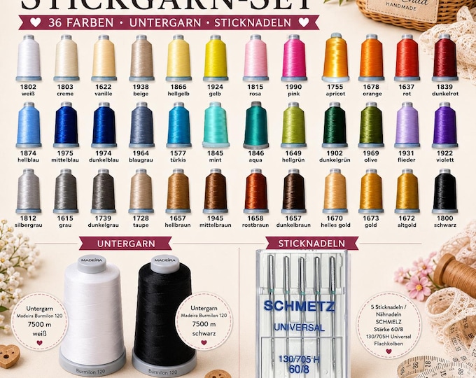 36 Color MADEIRA Polyneon No. 60 Embroidery Thread Set • 1500m Each • Fine Machine Embroidery Thread • 2 Bobbin Threads • SCHMETZ 60 Needles