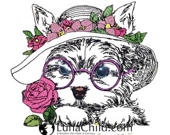 WENIGER STICHE - Stickdatei Yorkshire Terrier mit Hut und Brille "Elisa" - LIGHT - für helle Stoffe - Hund - LunaChild