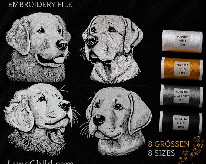 Golden Retriever & Labrador Embroidery Bundle – Dog and Puppy Embroidery Designs – 4 Realistic Dogs – 8 Sizes Each – Instant Download