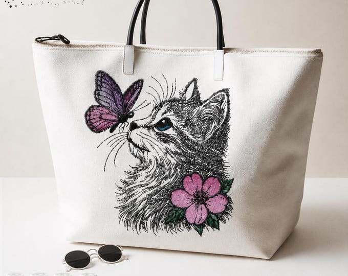 Cat Embroidery Design Nova with Butterfly – Cat Portrait Embroidery File – Realistic Cat Embroidery Design – 8 Sizes – LunaChild