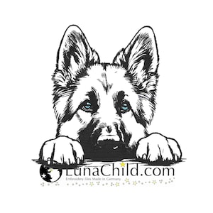 May include: Black and white line drawing of a German Shepherd puppy peeking over a surface with its paws in the foreground. The puppy has blue eyes and a serious expression. The text "LunaChild.com" is below the puppy with the words "Embroidery files Made in Germany" underneath.