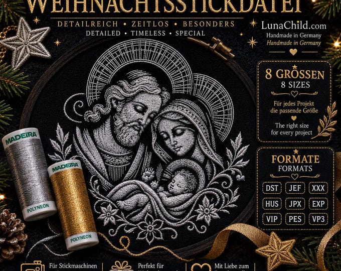 Holy Family Embroidery Design – Nativity Scene Embroidery File – Christian Machine Embroidery – 8 Sizes – LunaChild