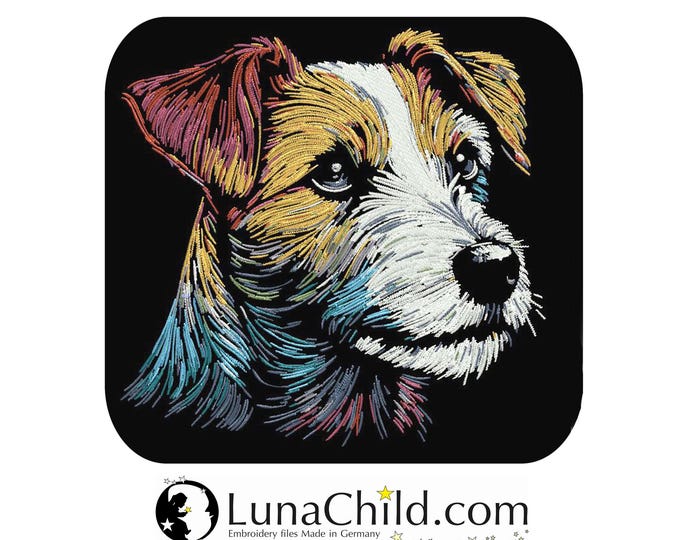 Neu AUFWENDIGE Stickdatei Jack Russel Terrier "Woody"  Hund realistisch bunt kommerzielle Nutzung LunaChild für dunkle Stoffe