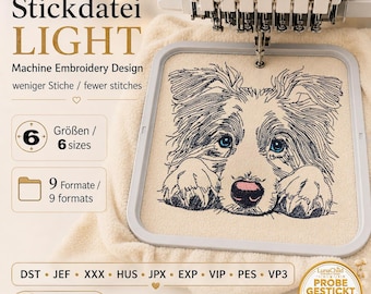 Border Collie Embroidery Design “Vera” LIGHT | Realistic Dog Embroidery for Light Fabrics | 6 Sizes | 2 Versions