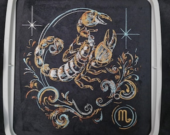 Elaborate embroidery design: Scorpio zodiac sign, realistic, colorful, light and shadow, commercial use by LunaChild for dark fabrics