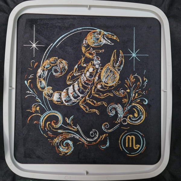 Elaborate embroidery design: Scorpio zodiac sign, realistic, colorful, light and shadow, commercial use by LunaChild for dark fabrics